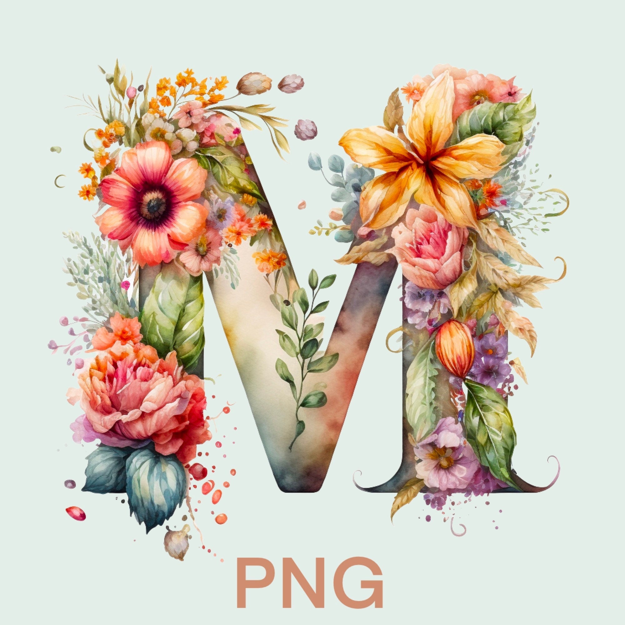 Watercolor Floral Script Monogram Letter M Sticker