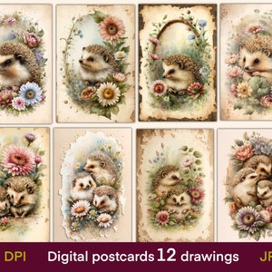 Cartões digitais de ouriço, cartões de diário, impressão de cartões postais vintage, papel digital, download digital, folha de colagem, efêmeras de diário de lixo