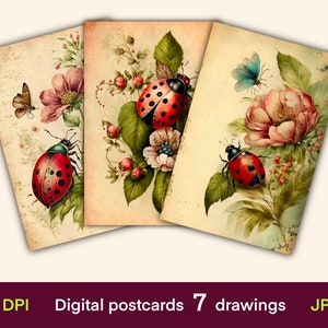 Marienkäfer digitale Karten, Journal Karten, Vintage Postkarten Druck, digitales Papier, digitaler Download, Collage Blatt, Junk Journal Ephemera