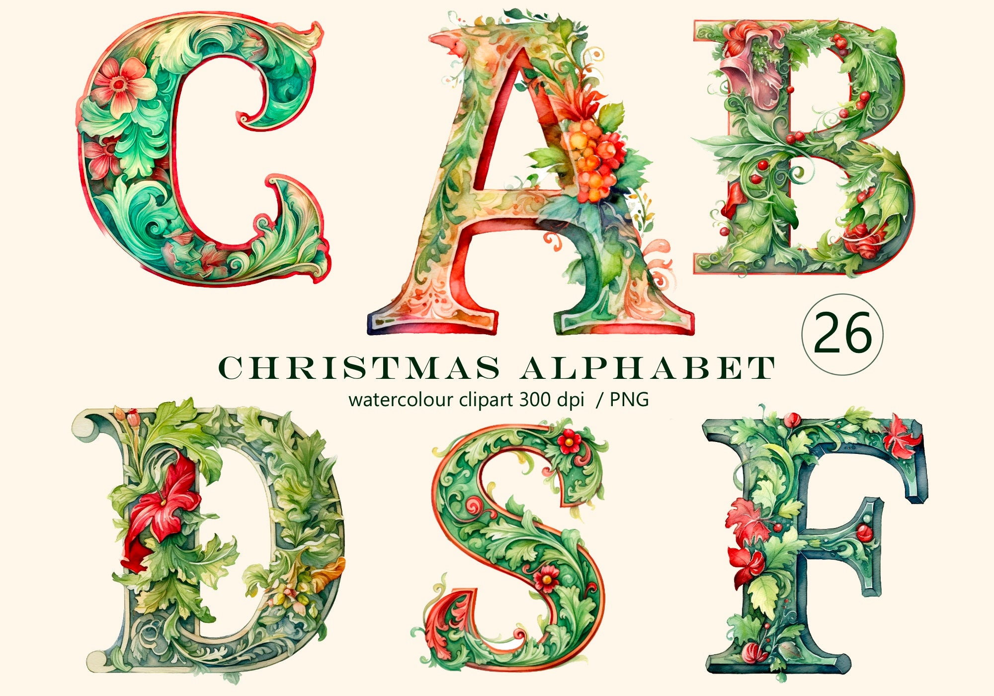 26 PNG Watercolour Green Christmas Alphabet Clipart (Instant