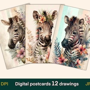 Cartões digitais Zebra, cartões de diário, impressão de cartões postais vintage, papel digital, download digital, folha de colagem, efêmeras de diário de lixo