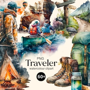 Traveler clipart Watercolor png, digital print, Tent, camping, traveler&#39;s luggage illustration set, stickers, Scrapbook, Junk Journal, Paper