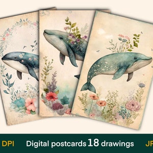 Cartões digitais de baleias, cartões de diário, impressão de cartões postais vintage, papel digital, download digital, folha de colagem, efêmeras de diário de lixo