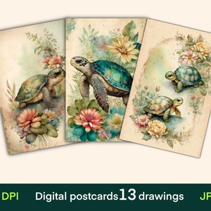 Cartes numériques tortue, cartes journal, impression de cartes postales vintage, papier numérique, téléchargement numérique, feuille de collage, papier éphémère Junk Journal