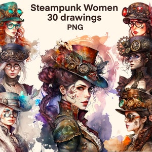 Steampunk women clipart Watercolor  png, digital print, illustration set, stickers, Scrapbook, Junk Journal, Paper Crafts