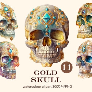 Gold Schädel Aquarell mit Mustern und Edelsteinen dekoriert Clipart, Hexe PNG Wiccan Clipart, okkulte Illustration Set, Aufkleber