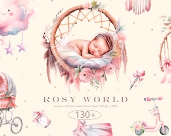Boho Baby girl, clipart acquerello, bambini appena nati PNG, arredamento per la cameretta dei bambini, giocattoli per bambini, vestiti per bambini, download digitale, illustrazione, cartolina