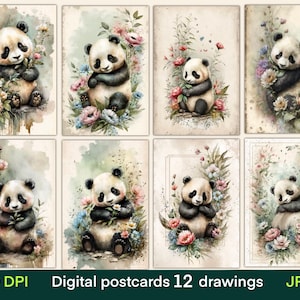 Cartões digitais Panda, cartões de diário, impressão de cartões postais vintage, papel digital, download digital, folha de colagem, efêmeras de diário de lixo