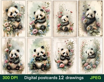 Cartões digitais Panda, cartões de diário, impressão de cartões postais vintage, papel digital, download digital, folha de colagem, efêmeras de diário de lixo