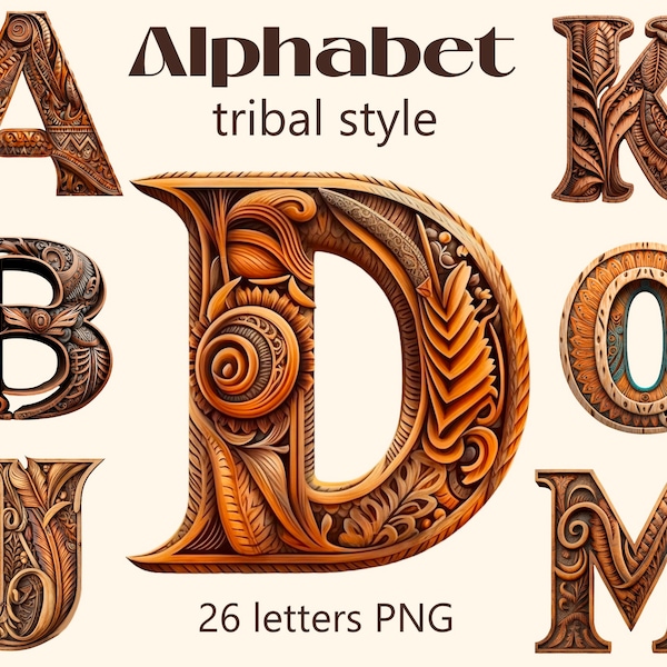 Alphabet tribal style clipart  png, 26 letters digital print, Wooden alphabet illustration set, stickers, Scrapbook, Junk Journal, Paper