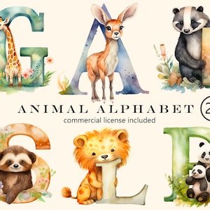 Alfabeto animal aquarela png, 26 letras florais clipart, impressão digital, conjunto de ilustrações, adesivos, álbum de recortes, diário de lixo, artesanato em papel