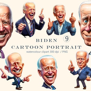 Ritratto di cartone animato di Biden, Presidenti d'America, Giorno dell'Indipendenza americana Martedì 4 luglio Clipart ad acquerello, stampa digitale, illustrazione