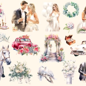 Wedding Clipart Watercolor, Digital Print, Wedding Illustration Set ...