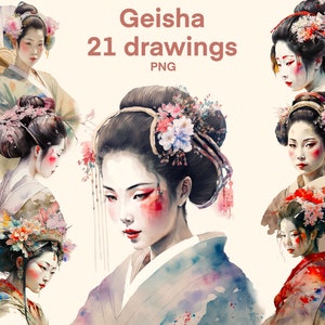 Geisha clipart Watercolor  png, digital print, illustration set, stickers, Scrapbook, Junk Journal, Paper Crafts