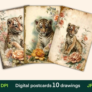 Cartões digitais Tiger, cartões de diário, impressão de cartões postais vintage, papel digital, download digital, folha de colagem, efêmeras de diário de lixo