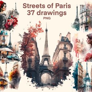 Straßen von Paris Clipart Aquarell, Digitaldruck, Paris Kritzeleien, Illustrationsset, Aufkleber, Scrapbook, Junk Journal, Papiermodelle