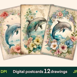 Cartes numériques dauphins, cartes journal, impression de cartes postales vintage, papier numérique, téléchargement numérique, feuille de collage, éphémères de Junk Journal