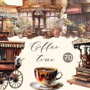 Coffee house Watercolor clipart, A cup of coffee digital print, coffee shop illustration, stickers, Scrapbook, Junk Journal, Paper Crafts