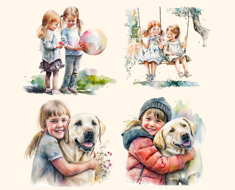 Children Best Friends Watercolor Clipart Png Cute Friends Etsy