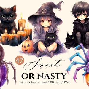 Halloween, sweet or nasty, kawaii ghost clipart Watercolor png, pumpkins, Horror, Trick or treat  illustration set, stickers, Scrapbook
