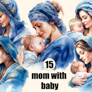 Mama mit Baby, Baby Junge, Baby Mädchen Aquarell Clipart, Neugeborene Kinder PNG, Junge, Kinderzimmer Dekor, Babyparty, Baby Buch, Illustration