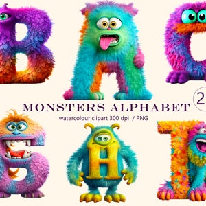 Alfabeto de monstros Clipart de aquarela, 26 letras, monstros engraçados, impressão digital, conjunto de ilustrações, adesivos, Scrapbook, Junk Journal