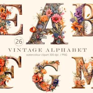 Vintage Alphabet Watercolor png, 26 floral letters clipart, digital print, illustration set, stickers, Scrapbook, Junk Journal, Paper