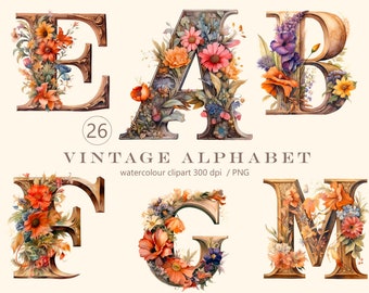 Vintage Alphabet Watercolor png, 26 floral letters clipart, digital print, illustration set, stickers, Scrapbook, Junk Journal, Paper