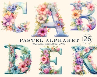 Pastel Alphabet Watercolor png, 26 floral letters clipart, Delicate alphabet digital print, illustration set, Scrapbook, Junk Journal