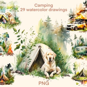 Camping Watercolor clipart sublimation download png, digital print, illustration set, stickers, Scrapbook, Junk Journal, Paper Crafts