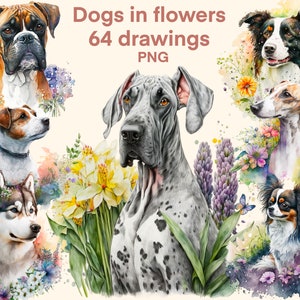 Dogs in flowers Watercolor clipart png, cute dog digital print, illustration set, stickers, Scrapbook, Junk Journal, Paper Crafts