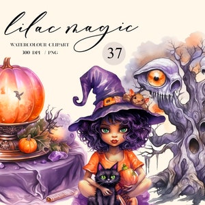 Halloween, lilac magic clipart Watercolor png, Zombies, vampires, pumpkins, Spooky, Horror, Trick or treat  illustration, stickers