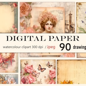 Digital paper watercolor clipart jpg, 90 drawings, watercolor stamps, scrapbooking, digital paper, digital magazine, Junk Journal