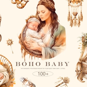 Boho Baby Girl, Aquarell Clipart, Neugeborenen PNG, Kinderzimmer Dekor, Baby Spielzeug, Babykleidung, digitaler Download, Illustration, Postkarte