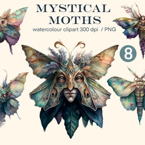 Mystical moths clipart Watercolor png,  clipart, occult illustration set, stickers, Scrapbook, Junk Journal