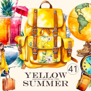 Yellow Summer travel Clipart Watercolor sublimation download, Vacation, traveler&#39;s luggage, digital print, illustration, Scrapbook, Journal