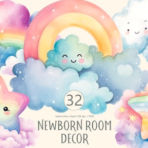 Neugeborenen Dekor, Wolken und Regenbogen, Babyparty, Aquarell Clipart, Kinder PNG, Junge, Mädchen Kinderzimmer, Babybuch, Babybuch
