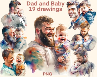 Clipart papà e bambino Acquerello, stampa digitale, set di illustrazioni per la famiglia, adesivi, album di ritagli, diario spazzatura, lavori di carta