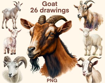 Goat clipart Watercolor  png, digital print, illustration set, stickers, Scrapbook, Junk Journal, Paper Crafts