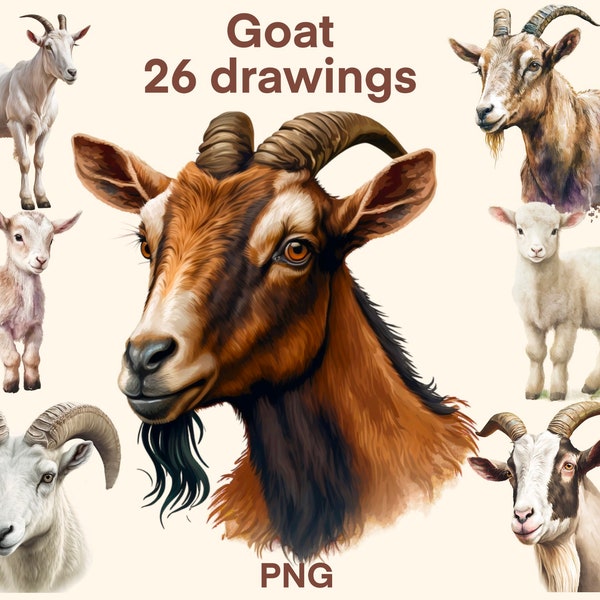 Goat clipart Watercolor  png, digital print, illustration set, stickers, Scrapbook, Junk Journal, Paper Crafts