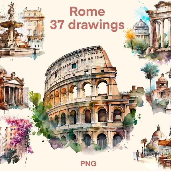 Rome Watercolor clipart, Italy digital print, Coliseum illustration set, stickers, Scrapbook, Junk Journal, Paper Crafts
