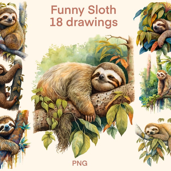 Cute Sloth clipart Akwarela PNG, druk cyfrowy, zestaw ilustracji, naklejki, Album z wycinkami, dziennik śmieci, rękodzieło papierowe