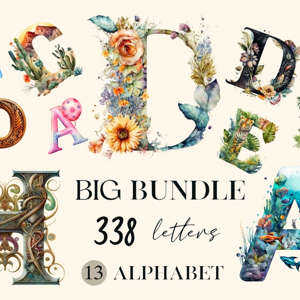 Alphabet Big Bundle 13 alphabet Aquarelle clipart, 338 lettres clipart, impression numérique, ensemble d'illustrations, autocollants, Scrapbook, Junk Journal