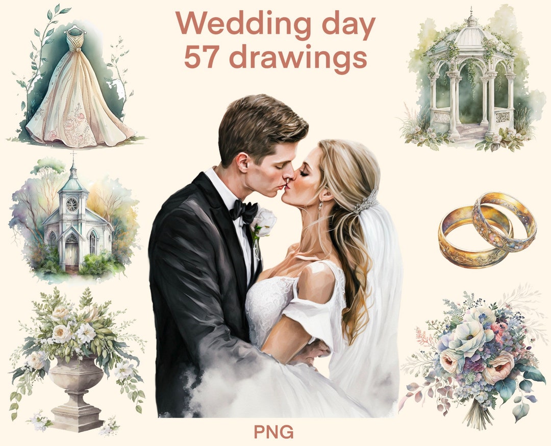 Wedding Clipart Watercolor, Digital Print, Wedding Illustration Set