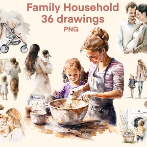Family Household clipart aquarel, digitale print, woondecoratie illustratieset, stickers, plakboek, rommeldagboek, papierkunst