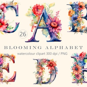 Blooming Alphabet Watercolor png, 26 lettere floreali clipart, stampa digitale, set di illustrazioni, adesivi, Scrapbook, Junk Journal, Carta