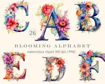 Blooming Alphabet Watercolor png, 26 floral letters clipart, digital print, illustration set, stickers, Scrapbook, Junk Journal, Paper