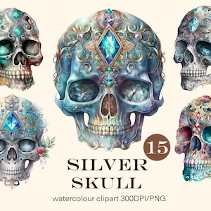 Silber Schädel Aquarell mit Mustern und Edelsteinen dekoriert Clipart, Hexe PNG Wiccan Clipart, okkulte Illustration Set, Aufkleber