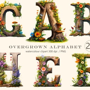 Alfabeto de acuarela con muchas hojas, alfabeto con hongos, 26 letras florales, clipart, impresión digital, ilustración, álbum de recortes, diario basura