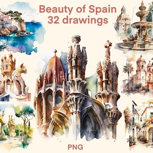 Spain Watercolor clipart, Barcelona and Gaudí architecture digital print, illustration set, stickers, Scrapbook, Junk Journal, Paper Crafts